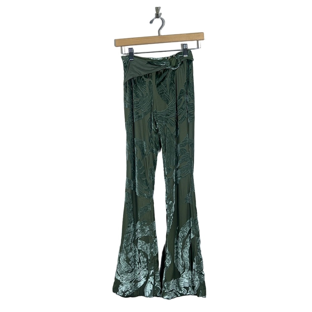 Oh Polly Devore Burnout Velvet Botanical Flare Pants Olive Green Boho Size 2